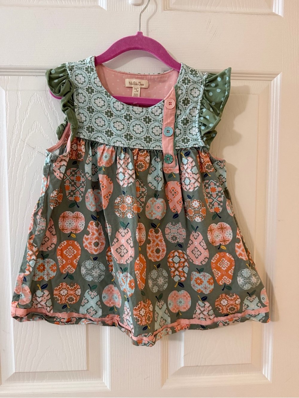 Matilda Jane Green Pink Orange fruit Patterned Ruffle Sleeve Top